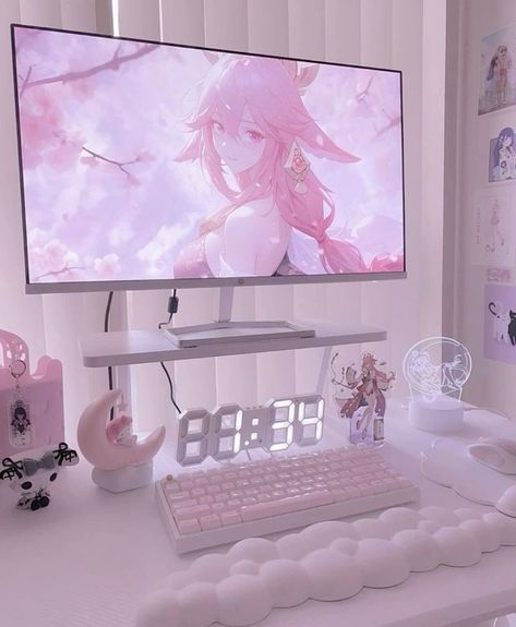 Cute desk gaming setup for girls Pink Gaming Setup Ideas, Sanrio Gaming Setup, Girly Gaming Setup, Games Room Inspiration, Keyboard Gaming, Gamer Setup, Keyboard Wrist Rest, Gamer Room Decor, Video Game Room Design