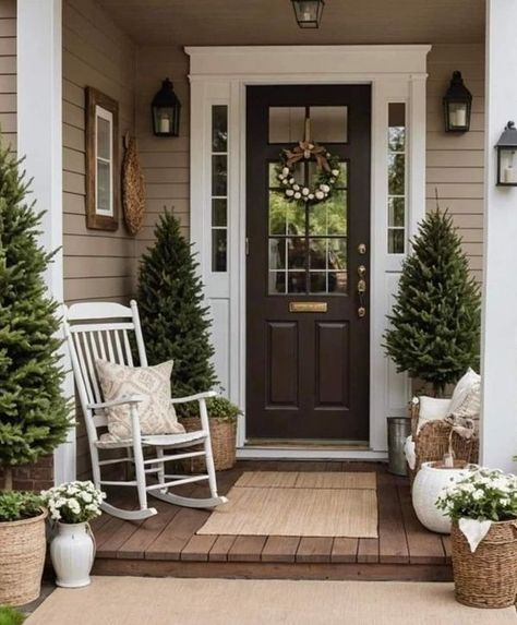 Welcome To Our Nest Small Front Porch With Rocking Chair, Front Stoop Ideas, Front Porch With Rocking Chairs, Cozy Front Porch Ideas, Welcome To Our Nest, Winter Front Porch, Front Stoop, Porch Styles, Small Entrance