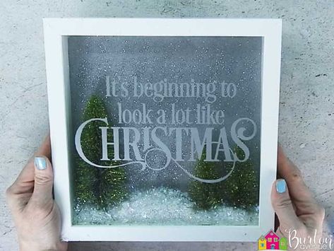 DIY Glitter Christmas Shadow Box - Burton Avenue Diy Christmas Shadow Box, Christmas Pallet Signs, Christmas Countdown Diy, Cricut Gifts, Cricut Christmas Ideas, Silhouette Gifts, Vinyl Stencil, Christmas Cricut, Easy Silhouette