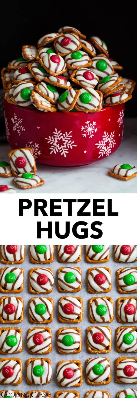 Pretzel M&M Hugs - these are the perfect treats for Christmas gifts or parties. They only need 3 ingredients, they take no time at all to make, they look so pretty and festive and of course they're incredibly delicious! #chocolatepretzels #christmas #christmastreat #partyideas #giftideas via @cookingclassy Treats For Christmas Gifts, Pretzel M M Hugs, Christmas Pretzel Hugs, Pretzel Hugs, Christmas Pretzel, Treats For Christmas, Jul Kaka, Christmas Pretzels, Desserts Cookies