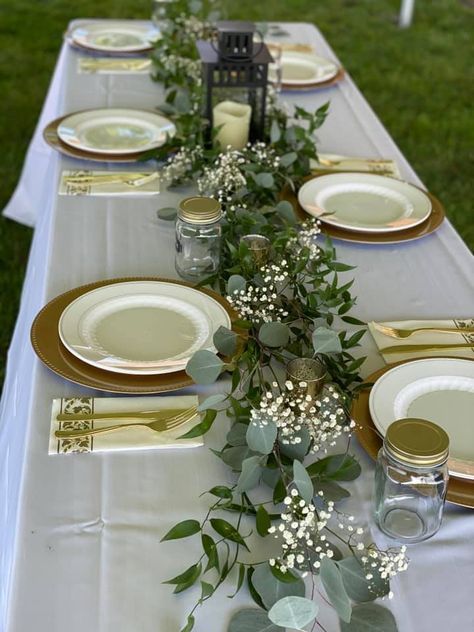 Greenery Baby Shower Tables, Eucalyptus Dinner Table Decor, Greenery Food Table Decor, Greenery Baby Shower Table, White Gold Green Table Setting, Spiral Eucalyptus Centerpiece, Centerpieces Wedding Sage Green, Sage And Gold Table Decor, Sage Green Bridal Shower Table Ideas