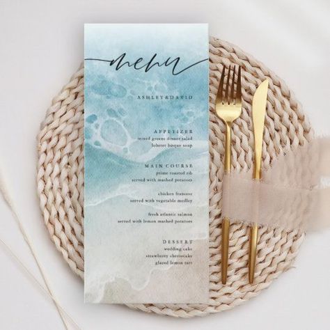 Boho Coastal Wedding, Wedding Dinner Menu Ideas, Fall Coastal Wedding, Menu Wedding Table, Beach Wedding Menu, Rustic Wedding Menu, Wedding Table Menus, Beach Wedding Tables, Dinner Menu Ideas