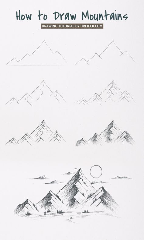 How to draw mountains (easy step by step tutorial) ⛰️ Landscape Drawings For Beginners, How To Draw Realistic Mountains, Nature Easy Sketch, Drawing Ideas Easy Mountains, How To Draw Sketches Step By Step Pencil, Mountain Drawings Easy, Landscape Tutorial Drawing, Landscape Drawings Mountain, Landscape Drawings Tutorial