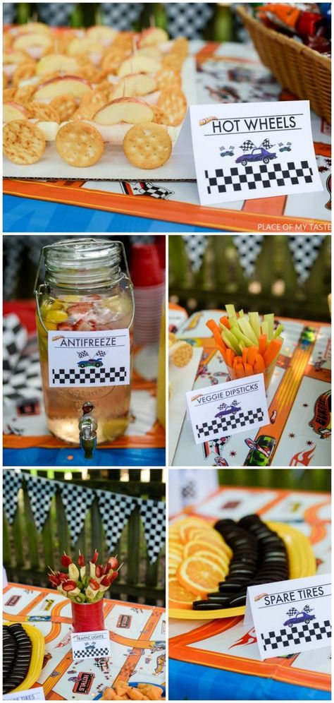 Motorcycle Snacks Birthday Parties, Racing Party Snacks, Hotwheels Birthday Food Ideas, Monster Truck Theme Party Food, Vehicle Party Food, Hot Wheels Party Games Activities, Hot Wheels Birthday Dessert Table, Race Track Party Food, Race Theme Food Ideas