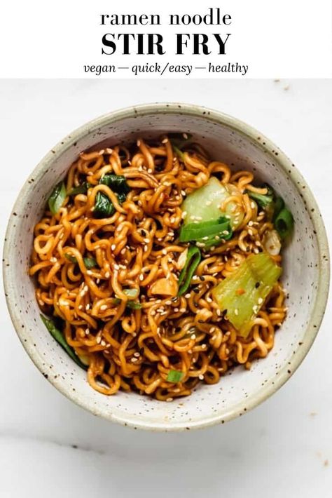 This Ramen Noodle Stir Fry takes the easy Asian noodles out of their normal soup context for a delicious dish filled with fresh green veggies and a rich soy flavour! #ramennoodles #stirfry #vegan #healthynoodles Ramen Noodle Stir Fry, Easy Asian Noodles, Healthy Ramen, Vermicelli Recipes, Ramen Stir Fry, Noodle Stir Fry, Quick Easy Vegan, Vegan Ramen, Ramen Noodle