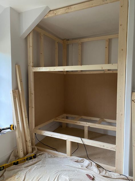 Boxed In Bed Ideas, Built In Wall Bunk Beds, Cubby Beds Built Ins, Loft Play Area Over Bed, Kids Cabin Bed, How To Build A Bunk Bed, Built In Kids Bed, Built In Bunk Bed Plans, Built In Bed Frame