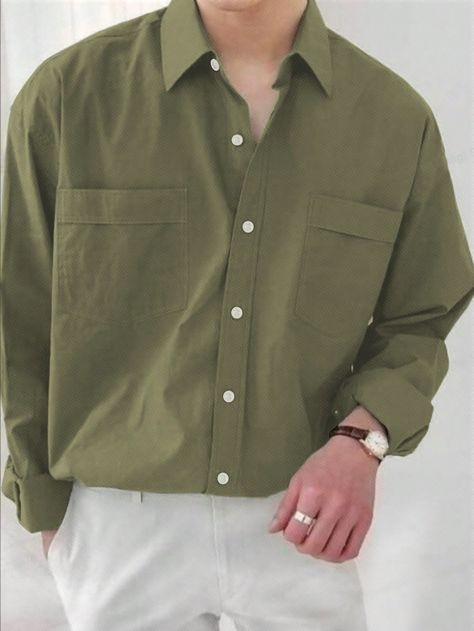 Army Green Casual Collar Long Sleeve Woven Fabric Plain Shirt Embellished Non-Stretch  Men Clothing Regular Shirts For Men, Mens Outfits Shirt, Mens Long Sleeve Button Up Shirts, Green Collared Shirt Outfits, Army Green Outfit Men, Green Guy Outfit, Men’s Button Up, Men’s Button Up Shirt Casual, Green Shirt Men Outfit