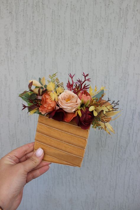 All the flowers and greenery is artificial and of high quality! Fall Pocket Square Boutonniere, Fall Boutineer, Floral Pocket Squares Wedding, Rust Pocket Boutonniere, Autumnal Boutonniere, Rustic Floral Pocket Square, Boho Floral Pocket Square, Fall Flowers Wedding, Pocket Flowers