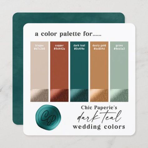 $2.60 | Dark Teal & Copper Bold Wedding Color Palette Card #2022fallweddingcolorpalette #2022autumnweddingcolorcombinations #rusticweddingcolortrends #chicpaperie's2022weddingcollections #forestcolorpaletteswatchcard #chicpaperiesweddingcolorschemes #paintchipcolorcomboscard Dark Teal Weddings, Bold Wedding Colors, Teal Wedding Colors, Teal Color Palette, Rustic Wedding Colors, Hex Color, Forest Color, Paint Chip, Teal Wedding