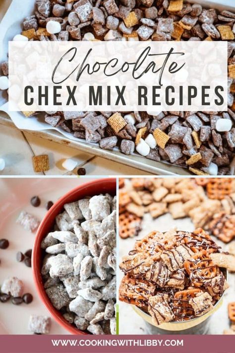 This roundup of Chocolate Chex Mix Recipes will leave your friends and family asking for the recipes! They make wonderful snacks and gifts! #easyrecipes #chexmix #chocolate Chocolate Chex Mix Recipes Christmas, Chek Mix Recipe Original, Chocolate Check Mix Recipes, Addicting Toffee Chex Mix Recipe, Chex Mix Cereal Recipes, Chex Mix Dessert Recipes, Wheat Chex Mix Recipes, Recipes Using Chex Cereal, Chexmix Ideas