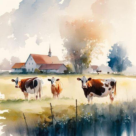 Farm Scene Painting, Farm With Animals, Farm Animal Paintings, Watercolor Barns, Barn Painting, Farm Field, Diy Watercolor Painting, Farm Art, Country Lifestyle