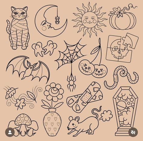 Spooky Micro Tattoo, Cool Sleeve Designs, Traditional Tattoos Linework, Silly Flash Tattoos, Black Work Traditional Tattoo, Halloween Finger Tattoos, 2x2 Tattoo Ideas, Halloween Tattoo Flash, Halloween Flash