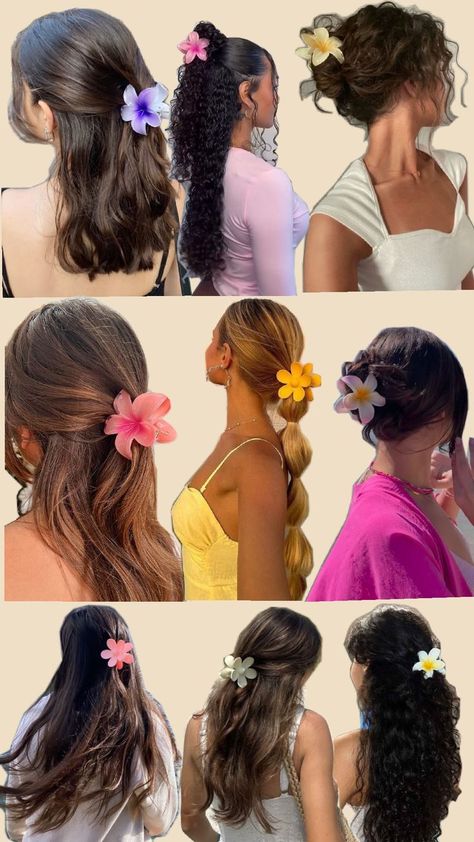 They look gorgeous with these hair clips Long Hair With Butterfly Clips, Hawaii Hair Clip, Flower Claw Clip Curly Hair, Hairstyle With Flower Clip, Flower Hair Clips Hairstyle, Flower Claw Clip Hairstyles, Flower Clip Hairstyles, Hair Clip Hairstyles, Cute Curly Hairstyles