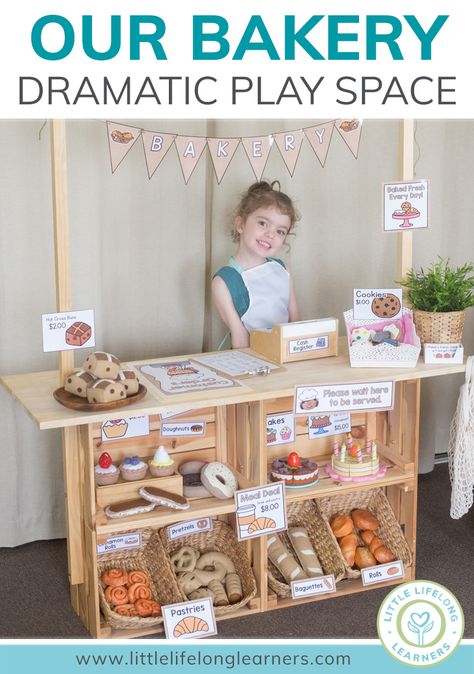 Bakery Dramatic Play - Little Lifelong Learners Dramatic Play Cafe, Bake Shop Dramatic Play, Imaginative Play Ideas Preschool, Diy Play Cafe, Dramatic Corner Preschool Ideas, Dramatic Play Furniture, Preschool Role Play Ideas, Easy Dramatic Play Ideas, Bakery Center Preschool