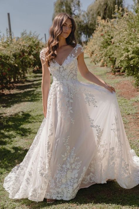 Fitted Whimsical Wedding Dress, Wedding Dresses Lace With Sleeves, Bridal Dress A Line, Floral V Neck Wedding Dress, Wedding Dresses Pockets, Floral Sleeve Wedding Dress, Wildflower Wedding Dresses, Wedding Dresses For Church, Flowery Wedding Dress Boho