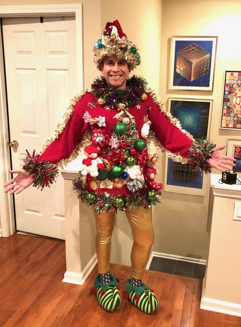 Tacky Holiday Outfits, Tacky Halloween Decorations, Diy Christmas Outfit Funny, Crazy Christmas Costumes, Ugly Christmas Outfit Ideas, Diy Christmas Tree Outfit, Diy Christmas Costumes For Women, Christmas Party Outfits Funny, Crazy Christmas Outfits