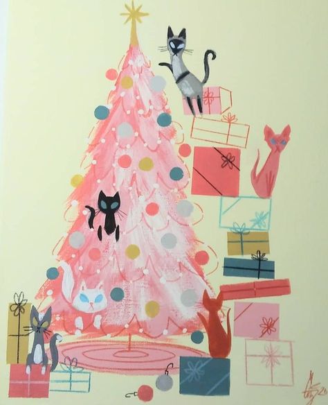 Atomic Cat Christmas, Christmas Cat Art Illustration, Vintage Artifacts, Charles Wysocki, Christmas Classics, Christmas Card Illustration, Mid Century Holiday, Mcm Style, Pink Xmas