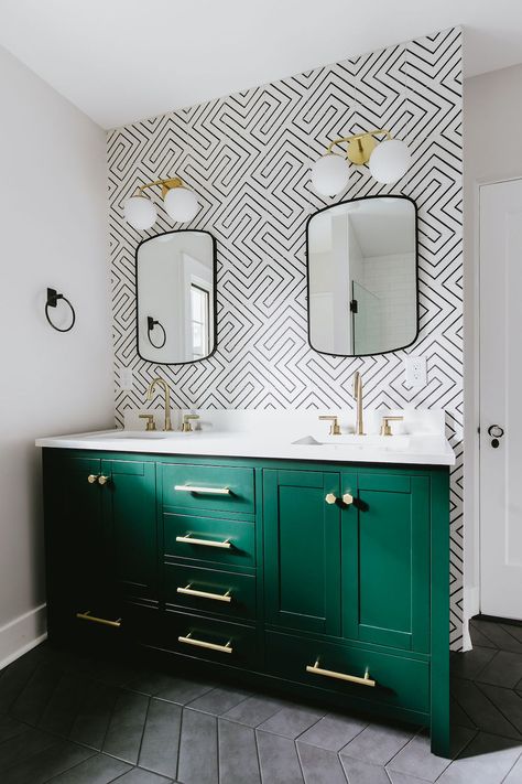 Emerald Maze Bathroom - The Phinery Bold Bathroom Vanity Color, Teal Bathroom Vanity, Green Cabinets Bathroom, Emerald Bathroom, Teal Green Bathroom, Bathroom With Wallpaper, Emerald Green Bathroom, Nyc 2023, Teal Bathroom Ideas