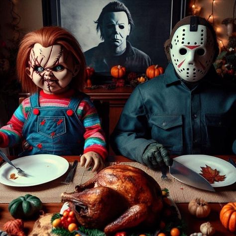 Infamous Chucky - Happy Thanksgiving! 🦃 Horror Thanksgiving, Chucky Backgrounds, Christmas Horror Movies, Halloween Jason, Thanksgiving Background, Christmas Horror, Horror Artwork, Thanksgiving Art, Horror Movie Icons