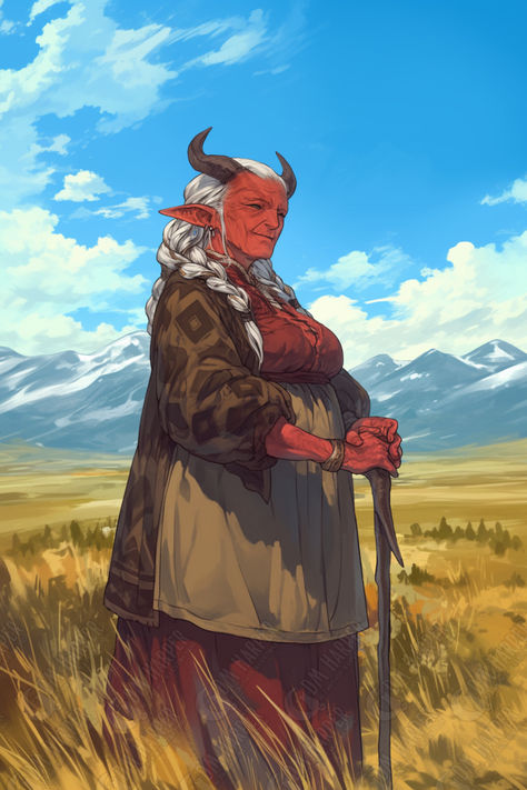 Tiefling Elder (Zoom Alt) Elder Character Design, Horn Character Design, Old Tiefling, Dnd Tiefling Character Design, Tiefling Female Character Design, Old Woman Character Design, Female Tiefling Art, Teifling Character Design, Tiefling Character Art