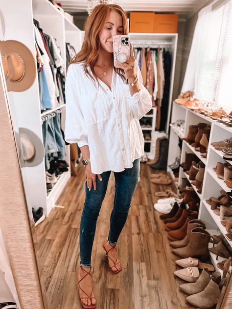 Waffle Button Up Shirt Outfit, Gauze Button Down Shirt Outfit, White Gauze Shirt Outfit, Gauze Shirt Outfit, Button Down Outfit, Gauze Shirt, Shirt Outfits, Clothing Styles, Shoe Obsession