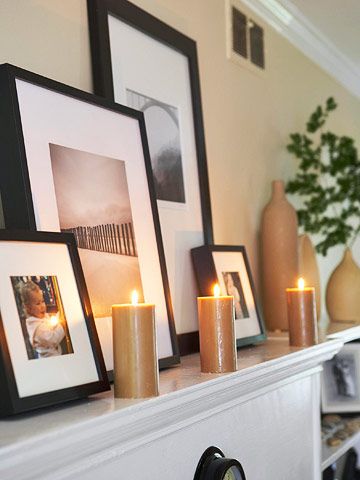 A Simple Makeover on a Budget Mantel Decorating With Pictures, Leaning Frames On Shelf, Mantel With Picture Frames, Frames On Fireplace Mantle, Layered Frames On Mantle, Mantle Picture Display, Pictures On Mantle Ideas, Picture Frames On Mantle, Frames On Mantle