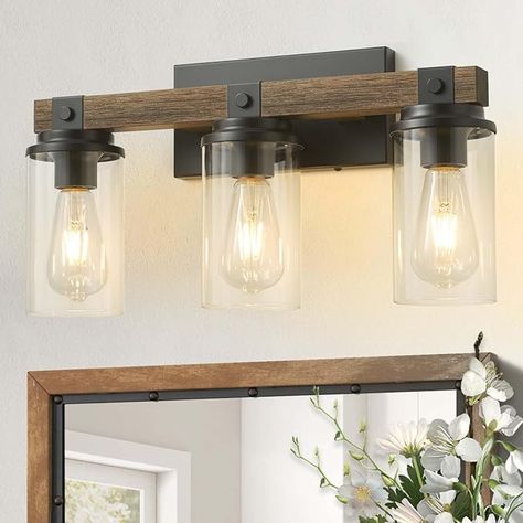 Farmhouse Bathroom Light Fixture Wood Black Vanity Lighting 2-Light Wooden Wall Sconce Industrial Rustic Wall Light Fixtures Over Mirror with Clear Glass Shade for Bathroom Hallway Kitchen Bedroom - Amazon.com