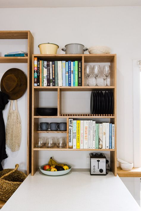 Kitchen Open Shelving, Diy Open Shelving, Kitchen Wall Shelves, Kitchen Open, Plate Rack, Timber Furniture, Kitchen Shelves, Our House, Diy Kitchen