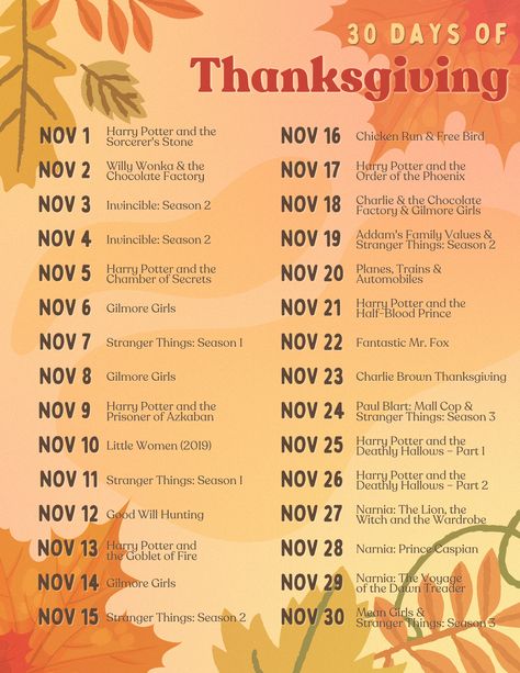 November Movie Calendar, Thanksgiving Tv Shows, Movies For November, November Watch List, November Movies List, Things To Do On Thanksgiving With Family, Thanksgiving Movies List, Autumn Tv Shows, November Movie List