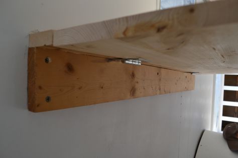 Here's the important stuff: a) the horizontal brace is the one drilled into the wall. The lip is the board sitting on top of it. The top is the big piece hinged to the lip. Got it? Wall Table Diy, Hinged Table, Wall Mounted Folding Table, Fold Out Table, Fold Down Desk, Folding Workbench, Fold Down Table, Wooden Folding Chairs, Foldable Desk