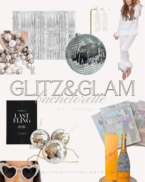 Silver, disco, glam, glitz, champagne, sunglasses, pajamas with feathers Classy Disco Bachelorette, Bling Bachelorette Party Ideas, Glam Bachelorette Theme, Glitz And Glamour Bachelorette Party, Glitz And Glam Bachelorette Party Theme, Glamour Bachelorette Party, Glitz And Glam Hens Party, Glitz And Glam Bachelorette Party Decorations, Glitz Glam Bachelorette