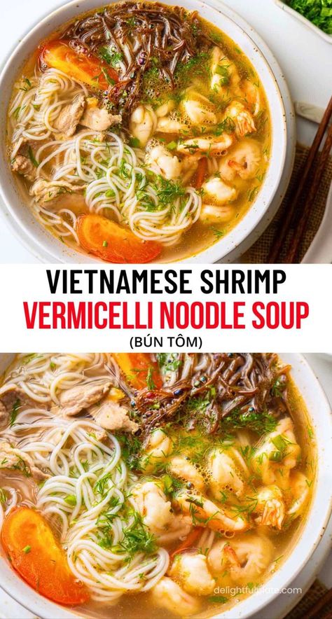 a bowl of Vietnamese shrimp noodle soup (Bún Tôm) Shrimp Vermicelli Bowl, Vermicelli Rice Noodle Recipes, Vietnamese Noodle Bowl, Shrimp Vermicelli, Shrimp Noodle Soup, Easy Asian Noodle Recipes, Vietnamese Shrimp, Easy Asian Noodles, Vermicelli Recipes