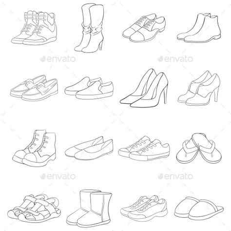 Shoe Icon Set Outline Simple Shoe Drawing, Shoes Illustration Drawing, Shoes Drawing Easy, Shoe Outline, Shoe Drawings, Drawing Hacks, Shoe Template, Women's Retreat, Shoes Illustration