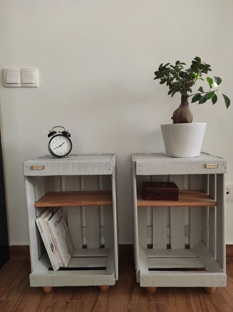 Wood Nightstand Diy, Creative Nightstand Ideas, Wooden Nightstands, Grey Side Table, Handmade Poster, Diy Nightstand, Light Gray Color, Garden Decor Projects, Wooden Nightstand