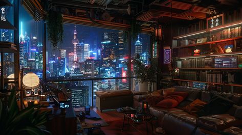 Apartment Balcony with Cyberpunk City View Scifi Apartment Concept Art, Cyberpunk Apartment Concept Art, Cyberpunk Rooms, Cozy Cyberpunk, Cyberpunk Room Interiors, Cyberpunk Room Ideas, Cyberpunk Living Room, Cyberpunk Interior Design, Cyberpunk Bedroom