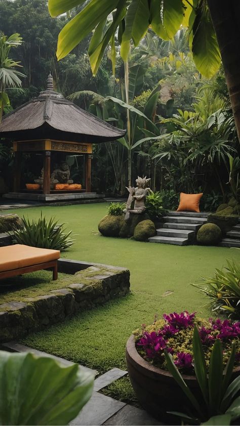 Backyard Ideas Aesthetic, Modern Balinese House, Small Tropical Backyard, Jungle Backyard, Modern Tropical Garden, Cozy Yard, Jungle Palace, Tropical Exterior, Zen Garden Backyard