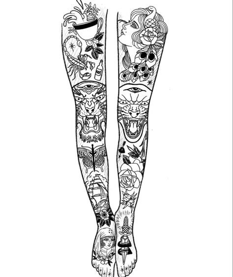 Leg Template For Tattoo, Womens Leg Tattoo, Front Thigh Tattoos Women, Patchwork Leg Sleeve Tattoo, Full Leg Tattoo Female, Traditional Tattoo Leg Sleeve, New Tattoo Styles, Full Leg Tattoos, Sailor Jerry Tattoos