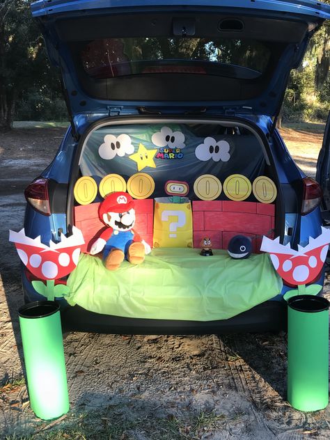 Easy Mario Trunk Or Treat, Dollar Store Trunk Or Treat Ideas, Super Mario Trunk Or Treat Ideas, Mario Cart Trunk Or Treat, Mario Trunk Or Treat, Super Mario Costumes, Birthday Movie Night, Childrens Party Games, Halloween Car Decorations