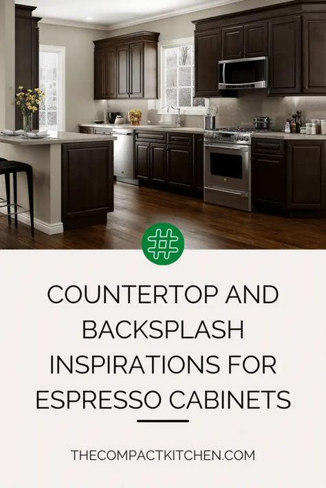 Countertop and Backsplash Inspirations for Espresso Cabinets - The Compact Kitchen Backsplash For Espresso Cabinets, White Countertops With Dark Cabinets, Kitchen Ideas Espresso Cabinets, Dark Cabinets Backsplash Ideas, Kitchen Backsplash Ideas For Dark Cabinets, Brown Cabinets Backsplash Ideas, Countertops For Dark Cabinets, White Backsplash Dark Cabinets, Countertops With Dark Cabinets