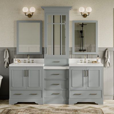 Double Sink Vanity With Center Tower, Off Center Sink Bathroom Vanity, Double Vanity With Center Tower, Double Bathroom Vanity Ideas, Custom Vanity Bathroom, Bathroom Vanity With Tower, Kids Bathroom Storage, Bathroom Concepts, Bathroom Cabinets Designs