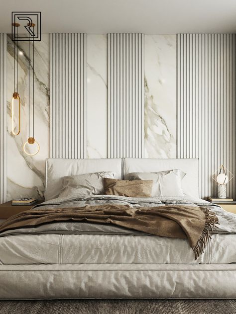 Elegant Bedroom Design with Wall panelling and marble Marble Wall Bedroom Interior Design, Bedroom With Marble Wall, Marble Headboard Bedroom, Modern Bedroom Marble, Marble Bed Back, Wallpanelling Bedroom, Marble Wall Design Luxury, Luxury Bedroom Design Elegant, Bedroom Marble Wall