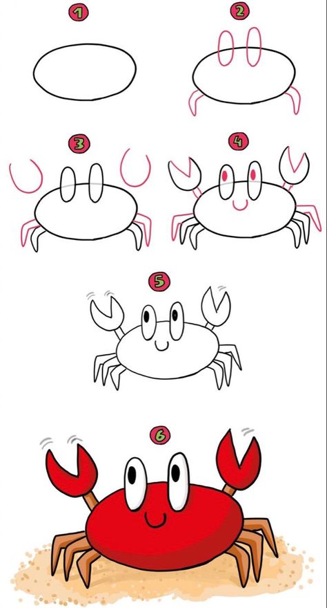 Crab Drawing, Trin For Trin Tegning, Drawing Lessons For Kids, Drawing Tutorials For Kids, Easy Drawings For Kids, Easy Doodle Art, Easy Doodles Drawings, Cute Easy Drawings, Art Drawings For Kids