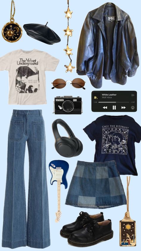 feeling blue? dress like u play guitar in a shit indie band #outfitinspiration #outfitinpso #rockstargf Indie Rock Outfits Aesthetic, Band Show Outfit, Indie Rock Style Outfits, Blues Rock Outfit, Band Shirts Outfits Aesthetic, Guitar Outfit Style, Indie Band Concert Outfit, Band Aesthetic Outfits, Band Geek Aesthetic