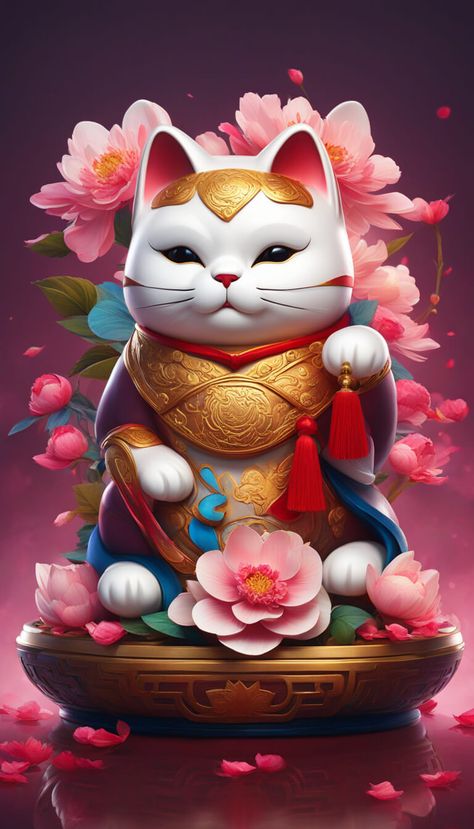 Chinese lucky cat, Maneki Neko in Lunar Year - AI creation Maneki Neko Wallpaper, Lucky Cat Wallpaper, Chinese Cat, Lucky Cat Tattoo, Tinkerbell Wallpaper, Lucky Wallpaper, Lucky Dragon, Daruma Doll, Cute Mobile Wallpapers