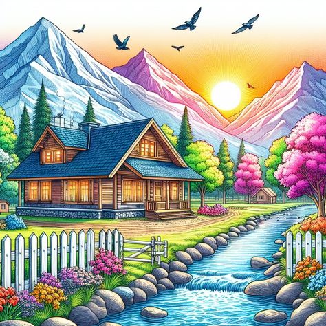 Best Scenery Drawing, Drawing Scenery For Kids, Education Related Drawings, Beautiful Scenery Drawings Easy, Natural Scenery Painting Easy, Wallpaper Scenery Nature, Nature Drawing Ideas Creative Beautiful, Garden Drawing Ideas, House Scenery Drawing