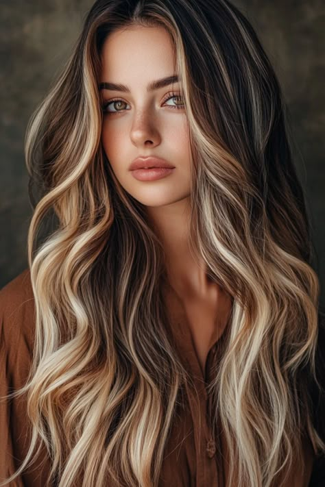 Woman with long, wavy, highlighted hair wearing a brown top, looking directly at the camera. Different Hair Color Ideas, Vibrant Hair Color Ideas, Bold Balayage, Brunette Hair Color Ideas, Stylish Hair Colors, Vibrant Hair Color, Auburn Balayage, Neutral Skin Tone, Auburn Highlights