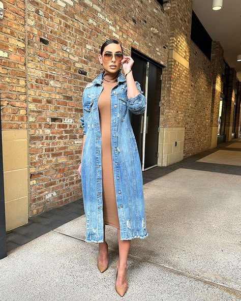 RUNNING LOW❕Get this look before it’s too late 🤍  Shop this look at shopkosmios.com Celebration Dinner Outfit, Long Jean Jacket Outfits Black Women, Long Dress With Jean Jacket, Long Denim Dress Outfit Ideas, Jean Coat Outfit, Long Jean Jacket Outfits, Long Denim Jacket Outfit, Denim Trench Coat Outfit, Denim Long Jacket