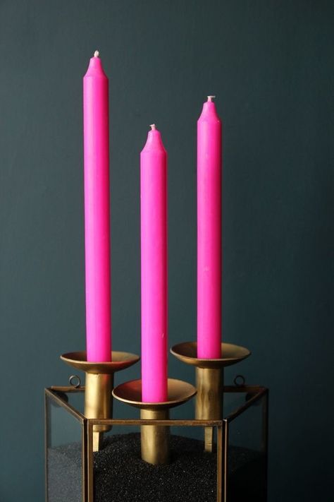 Hot Pink Candles, Hot Pink Throw Pillows, Pink Candle Holders, Pink Decorations, Pink Candle, Beautiful Dinner, Dinner Candle, Inspired Interiors, Pink Throws