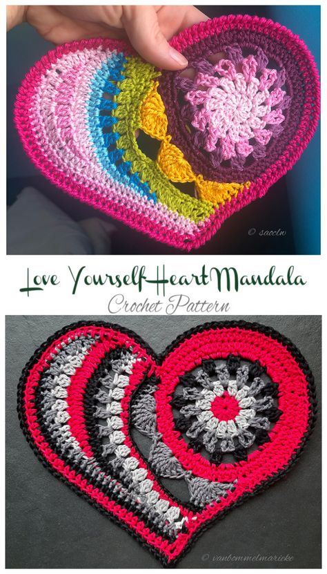 Love Yourself Heart Mandala Crochet Pattern - Crochet & Knitting Crochet Tricks, Mandala Crochet Pattern, Motif Mandala Crochet, Crocheted Hearts, Heart Mandala, Mandala Crochet, Heart Applique, Crochet Jewellery, Crochet Heart Pattern