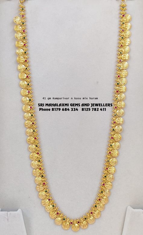 41 gm Lakshmi kasu n Ramparivar mix design long haram. Visit us for best finish at most competitive prices. EXPRESS DELIVERY ON CUSTOMIZED ORDERS. VIDEO CALL ON 8179 684 334 OR 8125 782 411 FOR FULL RANGE Laxmi Kasula Haram, Kasu Necklace Designs, Kasu Haram Designs, Long Lakshmi Haram Designs, Lakshmi Kasula Haram, Lakshmi Kasula Haram Short, Kasu Mango Haram, Mango Haram With Lakshmi Pendant, Kasu Necklace